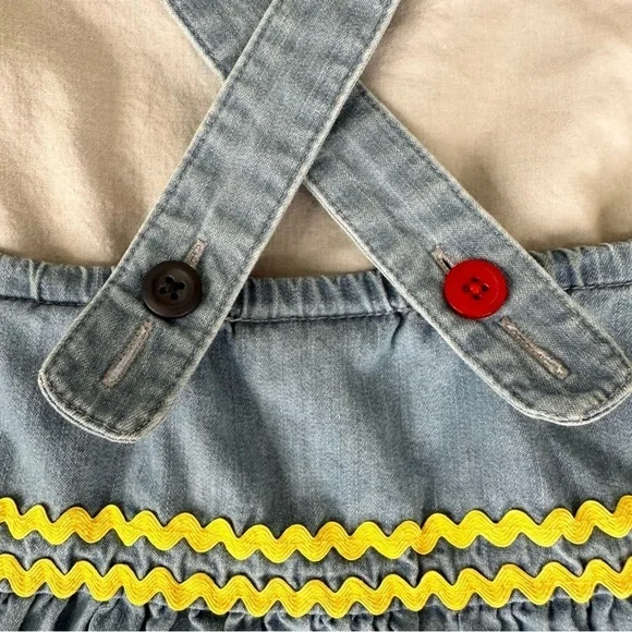 Hanna Andersson chambray denim jean jumper dress 140/10 rickrack blue yellow red - Picture 12 of 15